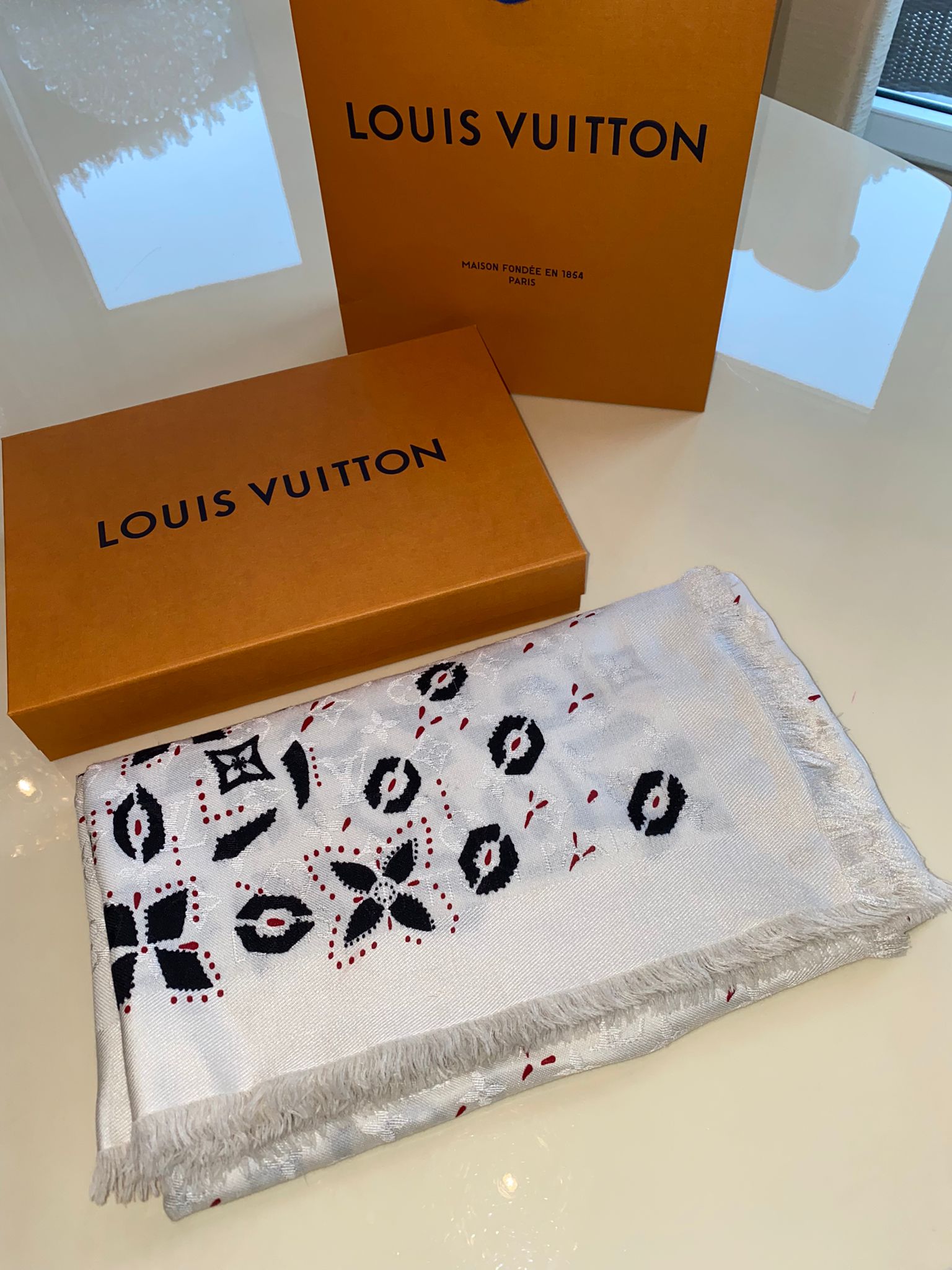 Louis Vuitton Logomania Schal Silber schwarz Full Set Rechnung